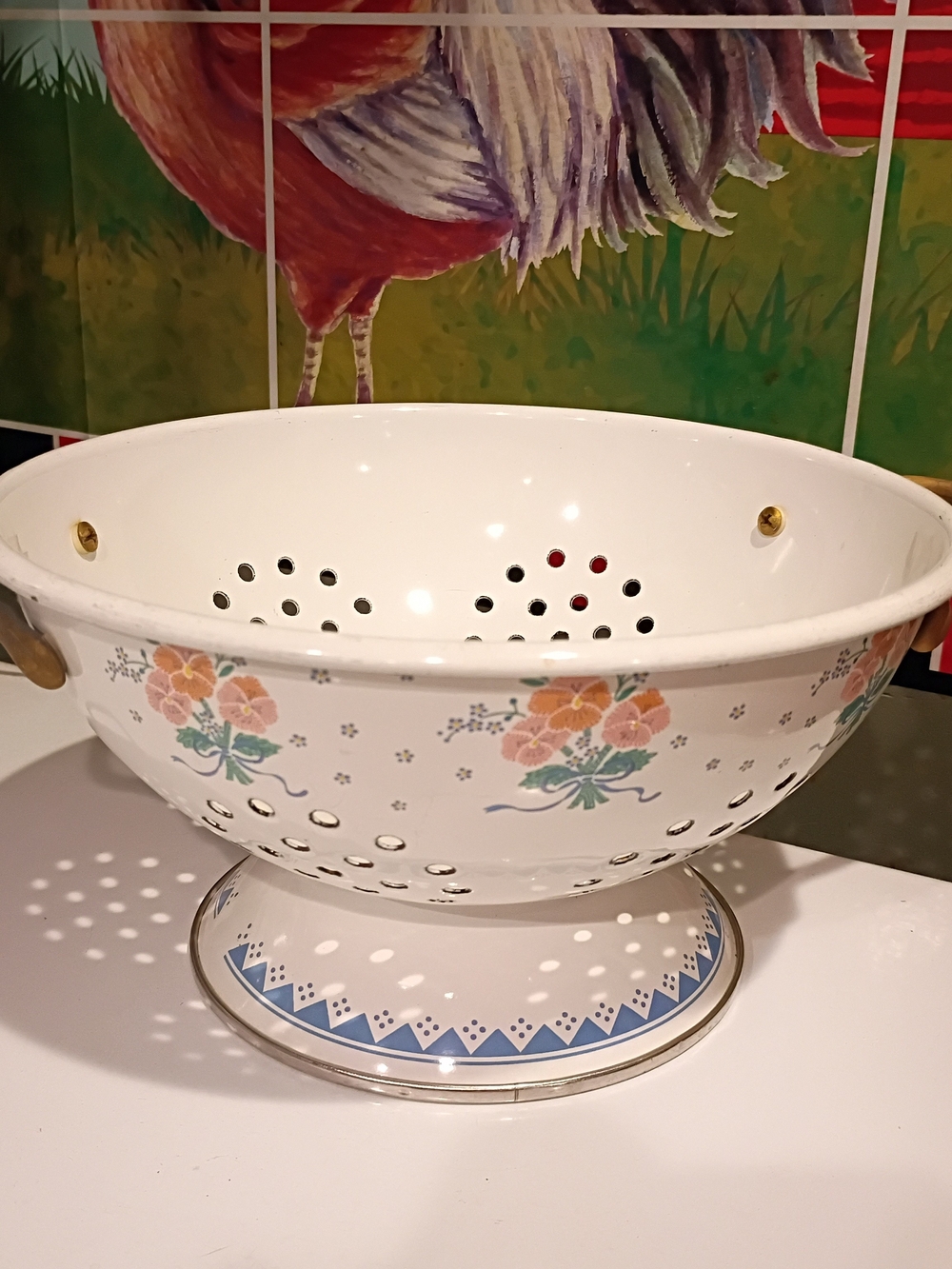 White Floral Enamel Colander with Gold Accents